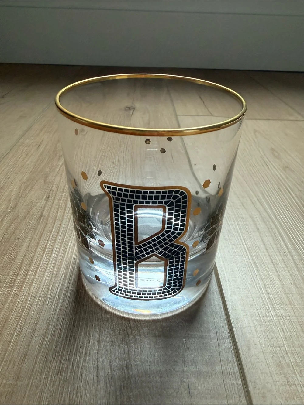 Anthropologie Clear Glass Vase with Black Monogram and Gold Trim